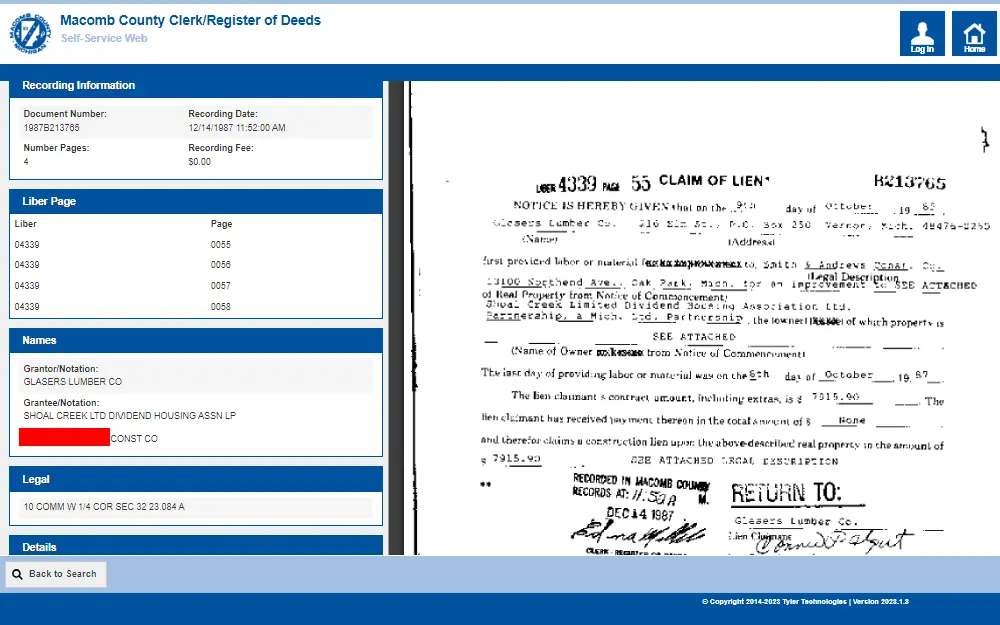 A screenshot of the sample result taken from the Document Search and Copies web portal provided by the Macomb County Clerk/Register of Deeds showing the preview of the document and more information about it on the left side of the page.