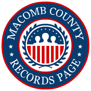 A round red, white, and blue logo with the words Macomb County Records Page for the state of Michigan.