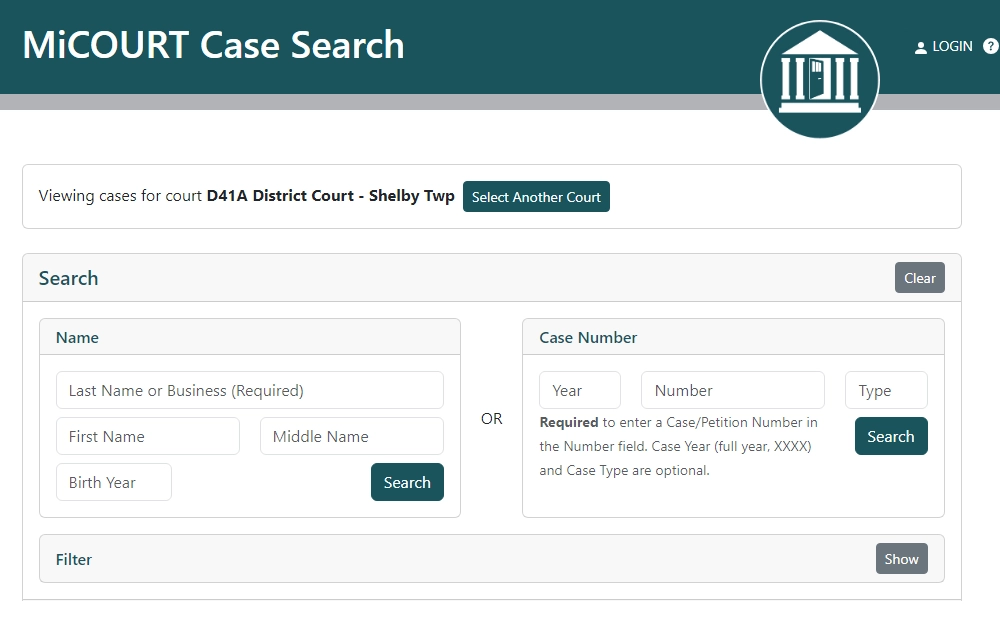 A screenshot of the MiCOURT Case Search with the criteria to conduct a search, which includes the first and last name of the person involved in the case or the case number. 