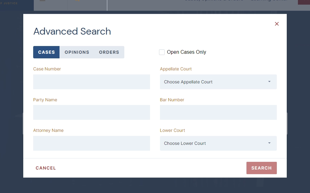 A screenshot showing the advanced search option of the Case Search tool provided by the Michigan Judiciary that can be searched by providing the case number, party name, attorney name, appellate court, bar number, and lower court. 