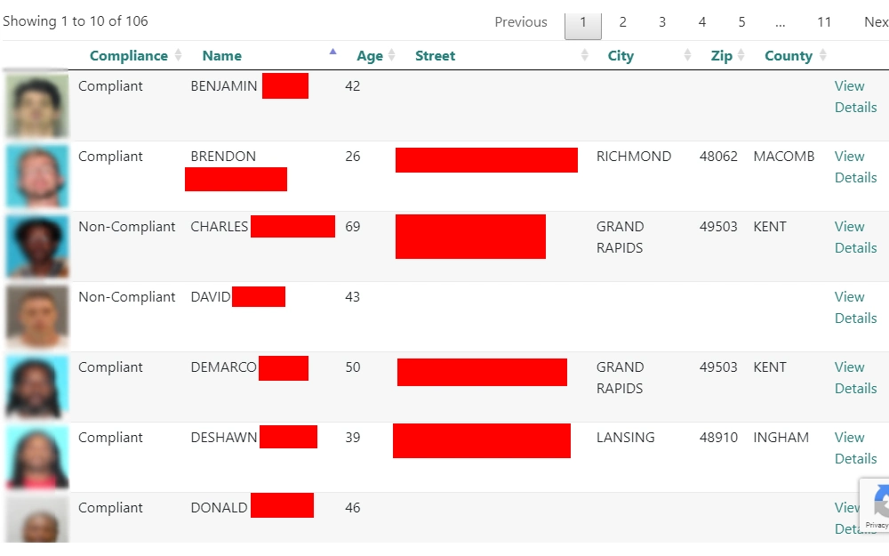 A screenshot showing the Michigan Sex Offender Registry sample results showing the list of offenders with their mugshots, compliance status, name, age, street address, city, zip code, county, and a hyperlink providing more details about the offender.