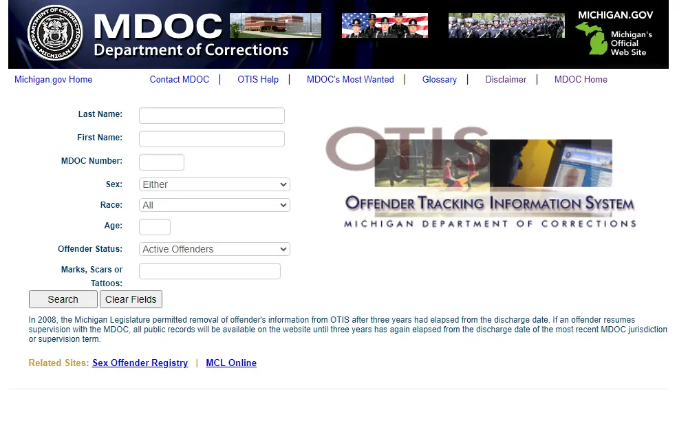 A screenshot of the Offender Locator made available by the MDOC that can be browsed by providing the last name, first name, MDOC number, sex, race, age, offender status, and other descriptions about the offender.