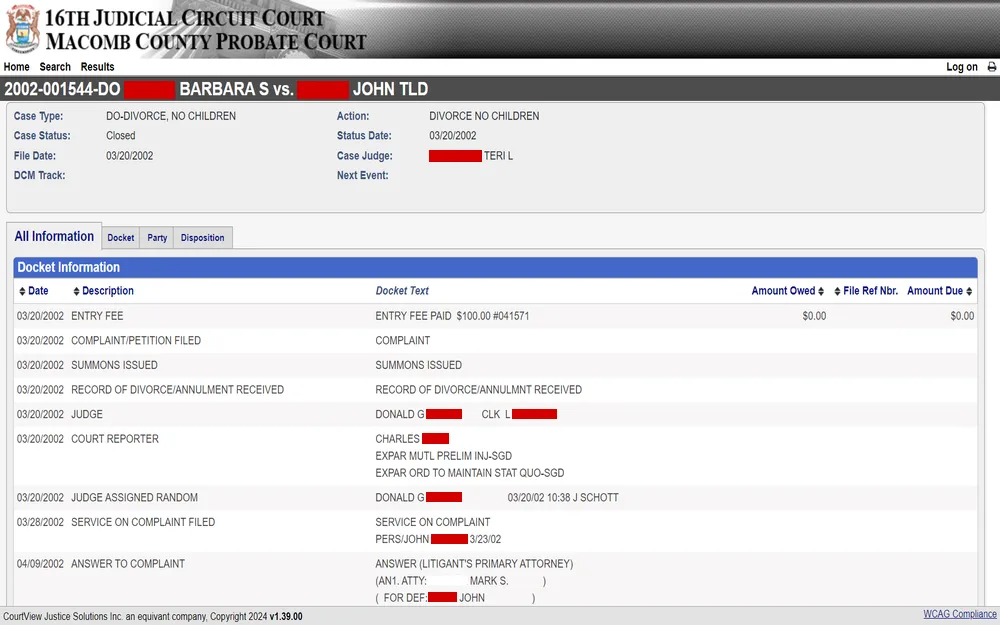 A screenshot of a case summary from the 16th Judicial Circuit Court of Macomb County detailing a closed case involving two parties, with entries including an entry fee, complaint/petition filing, and court-related proceedings, dated from March to April 2002.