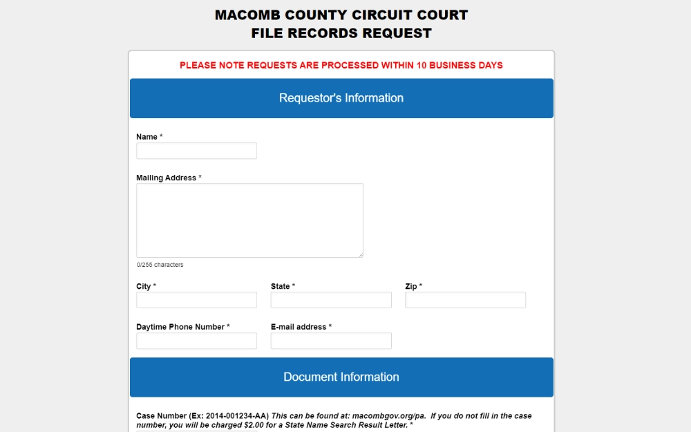 A screenshot shows a web form from the Macomb County Circuit Court for requesting court file records, with fields for the requester's information such as name, mailing address, city, state, zip, daytime phone number, and email, followed by a section for document information including case number.