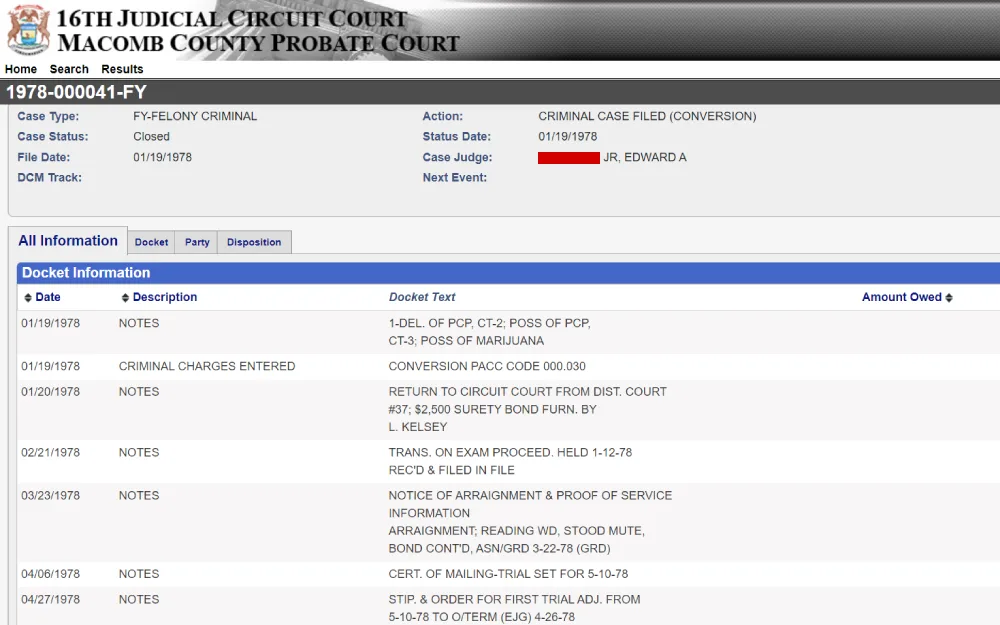 A screenshot from the 16th Judicial Circuit Court detailing a closed felony criminal case with entries detailing criminal charges, notes, and actions taken in 1978, including bond information and case proceedings.