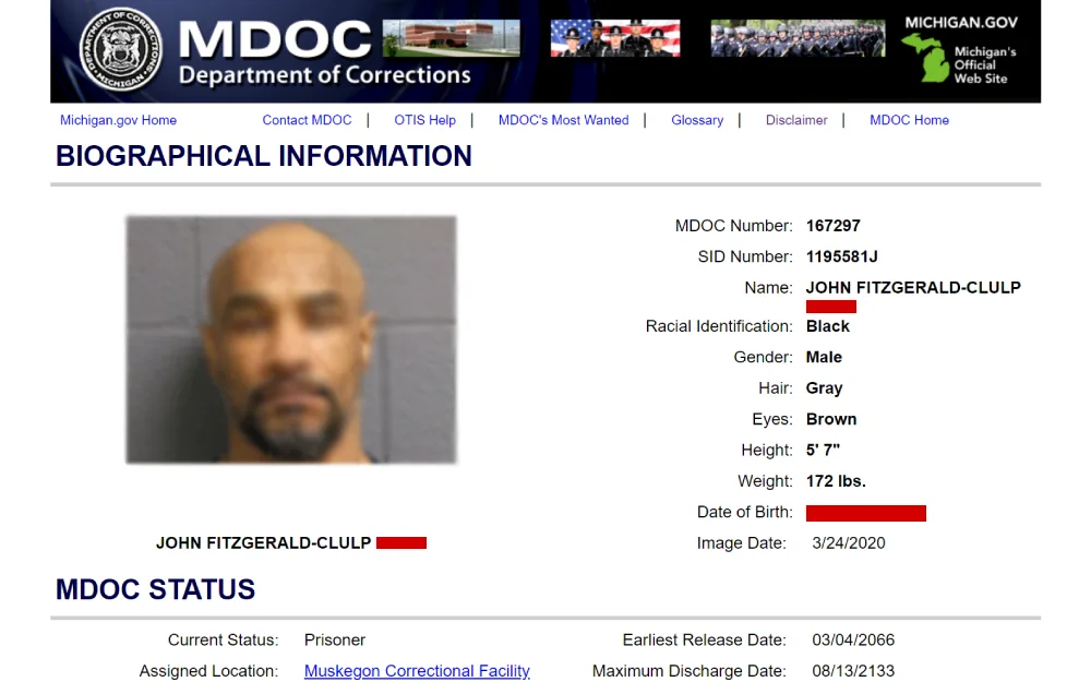 A screenshot from the Michigan Department of Corrections detailing personal and correctional details of a male prisoner with a shaved head and facial hair, including identification numbers, physical attributes, and incarceration information.