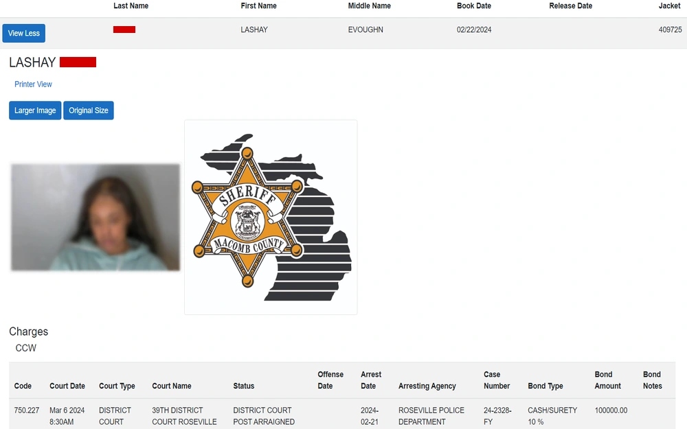 A screenshot from the Macomb County Sheriff’s Office detailing a mugshot, charges, court details, and bond information without specifying the location or record type.