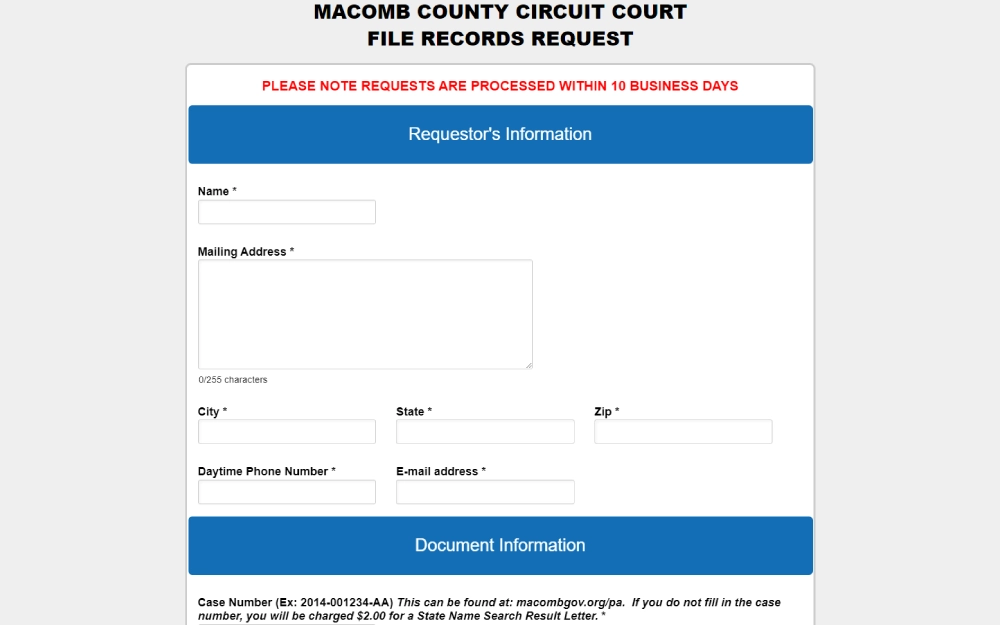 A screenshot from the Macomb County Circuit Court detailing an online form requesting court documents, highlighting fields for personal contact information and case number entry, with a notice that processing takes up to 10 business days.