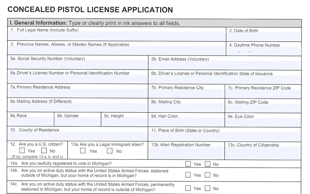 A screenshot of a concealed pistol license application with details requiring general information such as full legal name, previous names, aliases, maiden names, social security number, driver's license number, and person identification number.