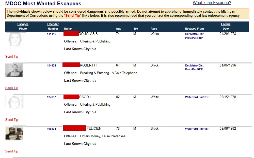 A screenshot of a list of MDOC's Most Wanted Escapees along with the offenders' photo, full name, age, sex, race and escape da