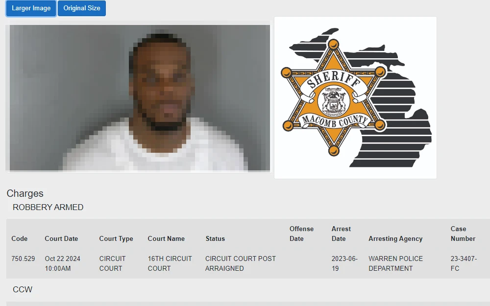 A screenshot from the Macomb County Sheriff's Office JailTracker Search results showing a police booking photo along with arrest information.