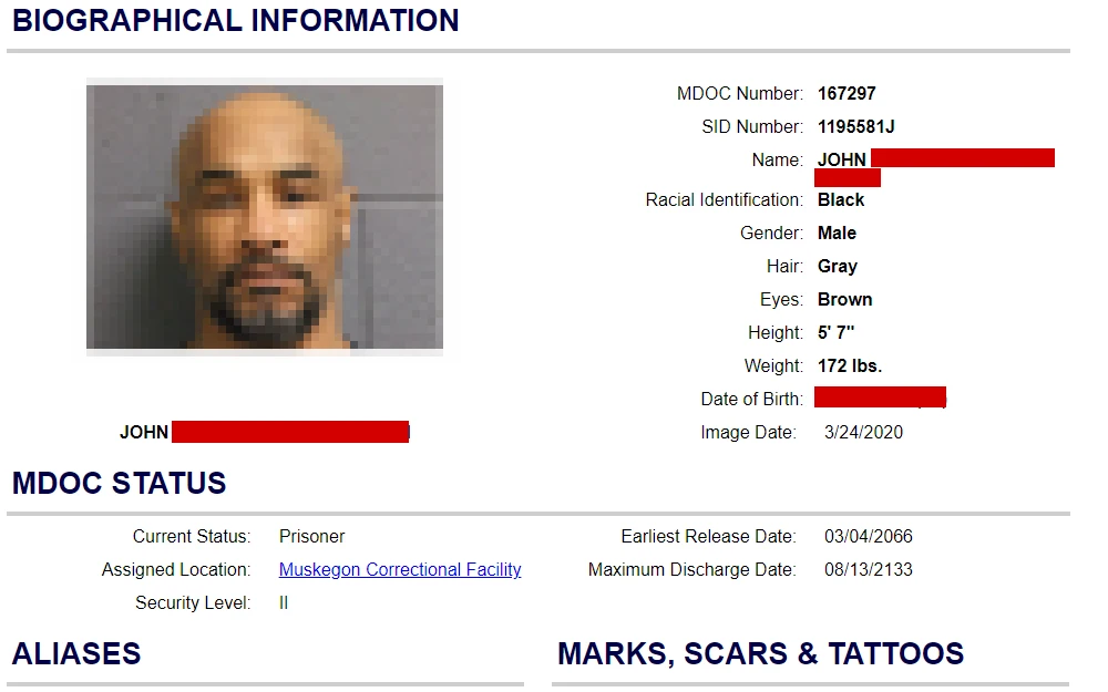 A screenshot from the MDOC page showing a prisoner record, including booking photo, full name, MDOC number, physical description, MDOC status, and facility assignment.